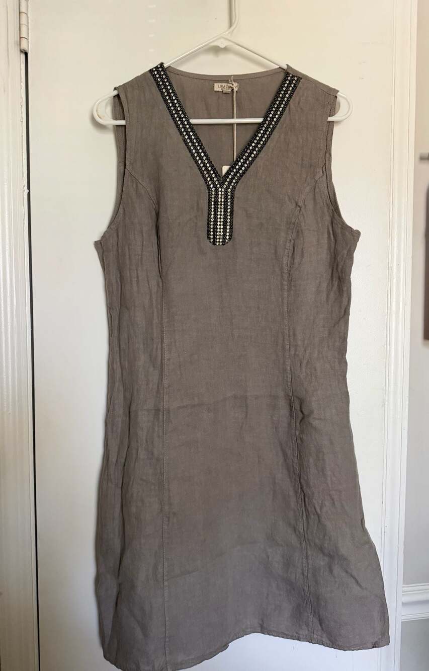 Lina Tomei Gray 100% Linen Embellished V-neck Dress Size L ~ New